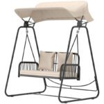 Hollywoodschaukel Rattan 2-Sitzer Gartenschaukel mit verstellbar, Sonnendach Kissen Hängebank, für Garten Balkon, Khaki