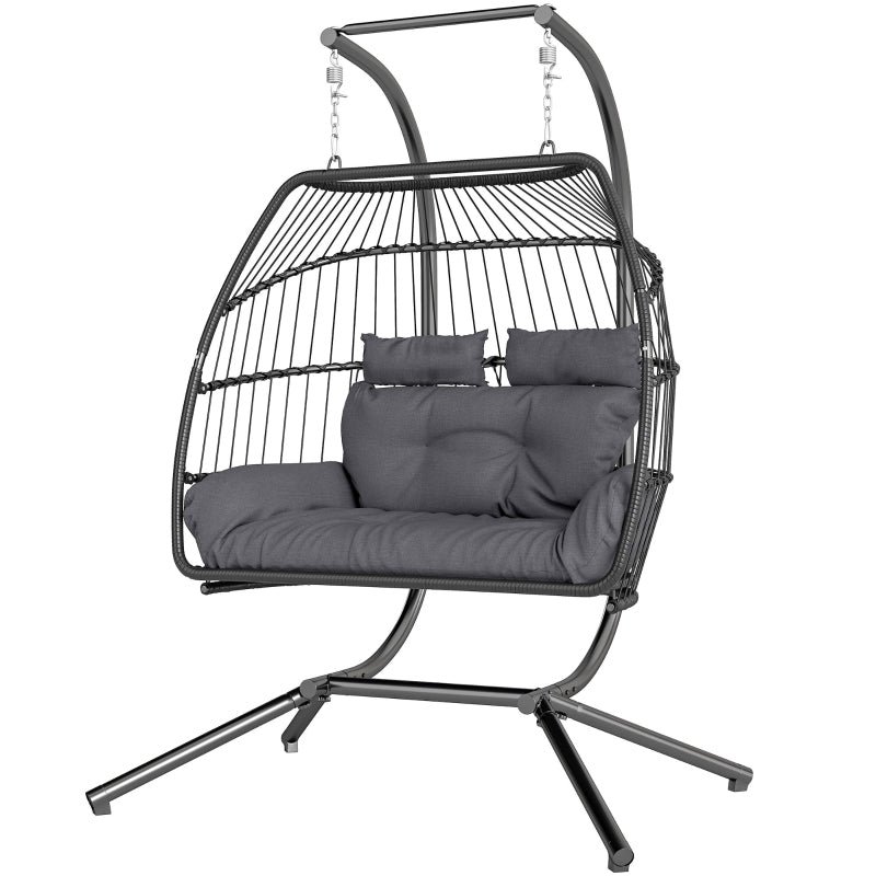 9da673d3-7351-406e-829c-d59aebf14d9b Hängesessel mit Gestell faltbar Hängekorb mit Kissen, Polyrattan, für 2 Personen, belastbar bis 260kg Sessel für Balkon Terrasse, Dunkelgrau – Bild 1