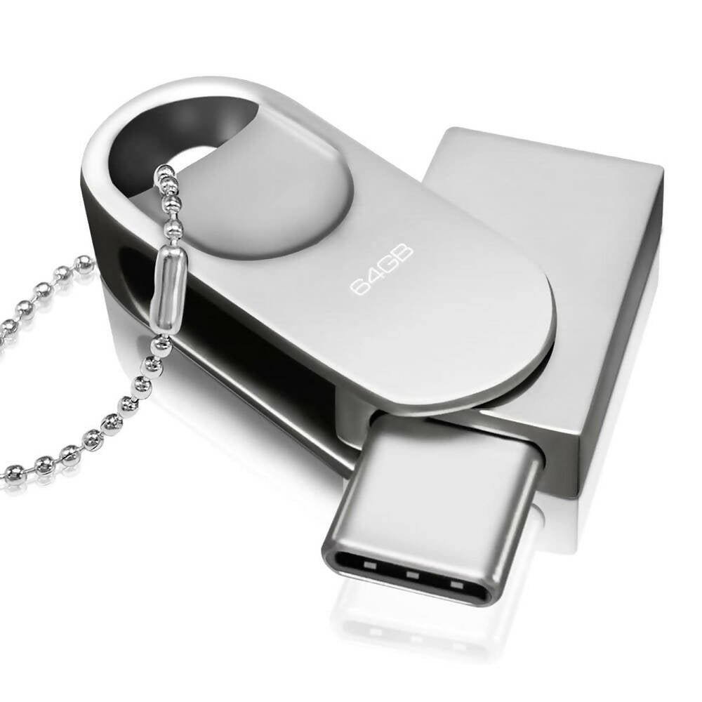 GYIqTibrVw USB Stick 64GB / USB C & USB 2.0 / 2-in-1 OTG Speicherstick / Mini Metall Memory Stick / Schlüsselanhänger / Silber – Bild 1
