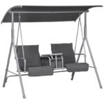 Hollywoodschaukel 2-Sitzer Schaukelbank mit Baldachin, Tasche, Gartenschaukel mit Tablett, bis 180 kg Belastbar, für Garten, Balkon, Schwarz