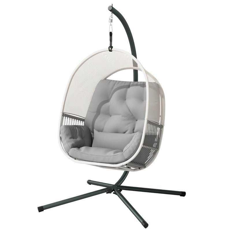 d140fc0c-8841-4fee-8e0a-b0afec823c42 Hängesessel mit Gestell, Eiförmiger Hängeschaukel mit weichem, Outdoor, Terrasse, Garten, Hellgrau – Bild 1