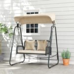 Hollywoodschaukel Rattan 2-Sitzer Gartenschaukel mit verstellbar, Sonnendach Kissen Hängebank, für Garten Balkon, Khaki – Bild 6
