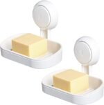 LEVERLOC Seifenschale mit Ablauf für Dusche, MAX Halten 3 KG, Seifenhalter Wandmontage, Seifenschalen ohne Bohren, Seifenhalter mit Saugnapf für Badezimmer, Schwammhalter Küche, Plastik in Weiß 2 Pack – Bild 2